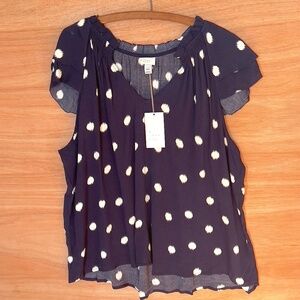 NWT a new day women's rayon short sleeve top sz XXL navy ivory polkadot print